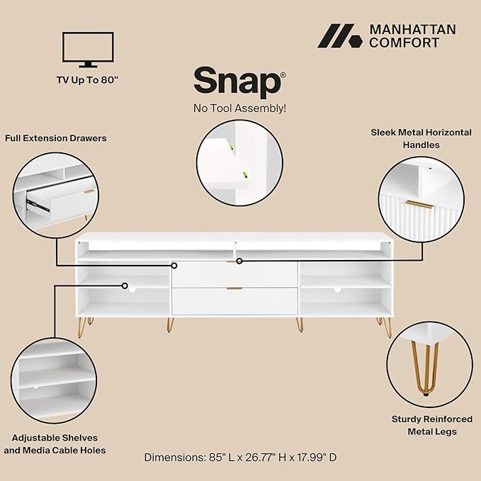 Manhattan Comfort Dumbo Mid Century Modern TV Stand for Televisions up to 80 Inches, Home Entertainment Center with Storage, 6 Shelves, 2 Drawers, No Tool Assembly, 85" Wide, White