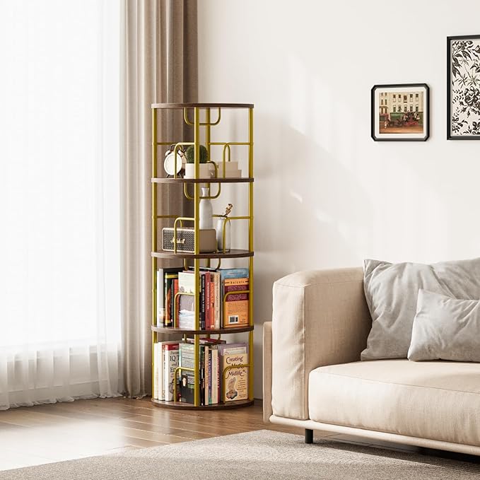 4 Tier Rotating Bookshelf, 360 Display Spinning Corner Bookshelf, Space Saving Metal Frame Bookcase for Living Room, Office, Bedroom, Gold