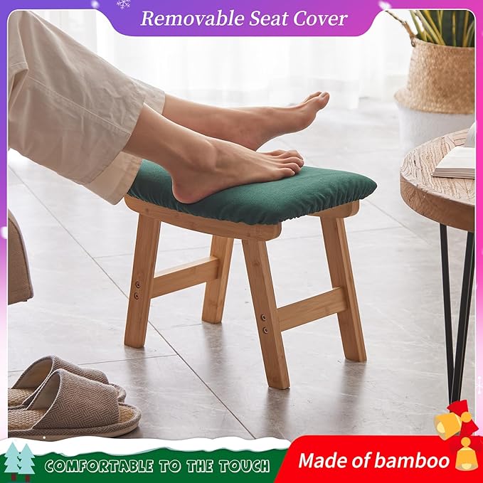 Foot Stool,Ottoman,Bamboo Small Sofa Foot Rest Under Desk,Extra Seating for Living Room, Bedroom and Kitchen (Natural Stool Legs - Green Surface)