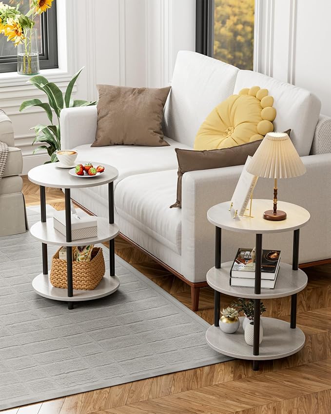 Small Round End Table - 3 Tier Design Accent Table, Narrow Side or Bedside Stand, Industrial Vintage Nightstand for Bedroom, Living Room, or Small Spaces, Set of 2, Greige
