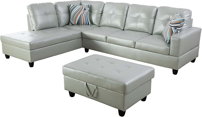 NicBex Sectional Couch 3 Pieces Sofa Set with Right Chaise PU Synthetic Leather L Shaped Cloud Couch for Living Room Furniture Sets with Storage Ottoman, Modular Sofa for Apartment, Silver Green