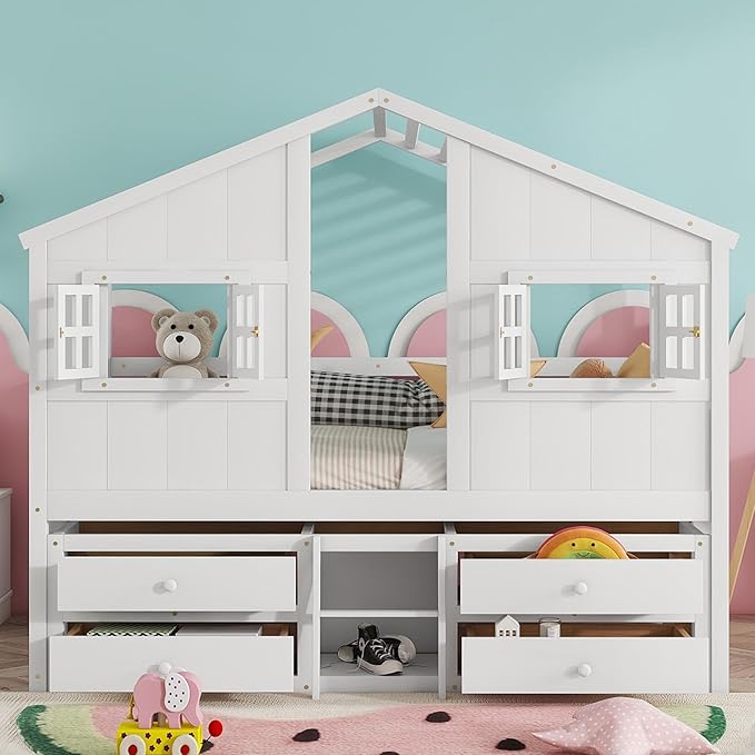 KEIKI Full Size Wooden House-Shaped Loft Bed with Roof, Windows, 4 Storage Drawers, Guardrail, Ladder, for Boys and Girls, Loft Bed with Slat, Easy Assembly, No Box Spring Required, for Bedroom, White