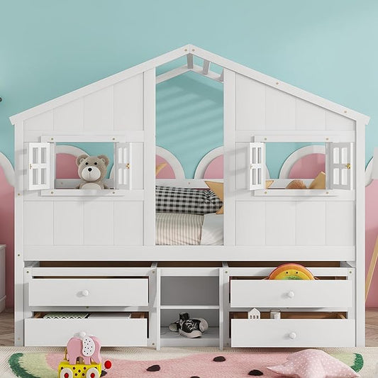 KEIKI Full Size Wooden House-Shaped Loft Bed with Roof, Windows, 4 Storage Drawers, Guardrail, Ladder, for Boys and Girls, Loft Bed with Slat, Easy Assembly, No Box Spring Required, for Bedroom, White