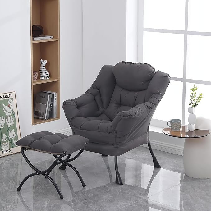Lazy Chair with Folding Ottoman, Modern Accent Lounge Armchair with Armrests and a Side Pocket & Foldable Footstool, Leisure Reading Chair for Living Room, Bedroom, Dorm & Office, Dark Grey