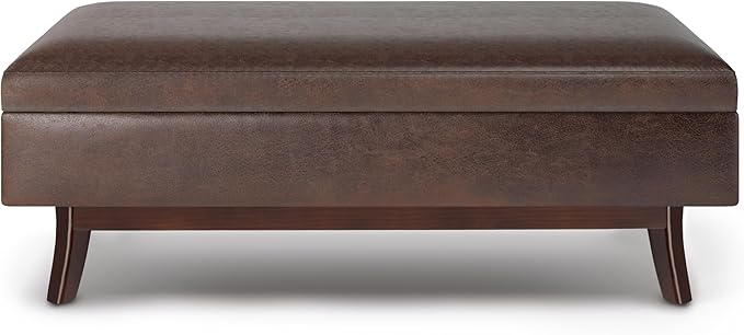 SIMPLIHOME Owen 48 inch Wide Mid Century Modern Rectangle Rectangular Storage Ottoman in Distressed Chestnut Brown Vegan Faux Leather, Assembled, For the Living Room, Entryway and Family Room