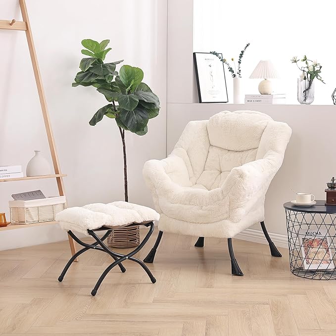 LITA Lazy Chair with Ottoman, Modern Accent Leisure Upholstered Sofa Chair, Lounge Reading Chair with Armrests and a Side Pocket for Living Room, Bedroom & Small Space, Plush Beige