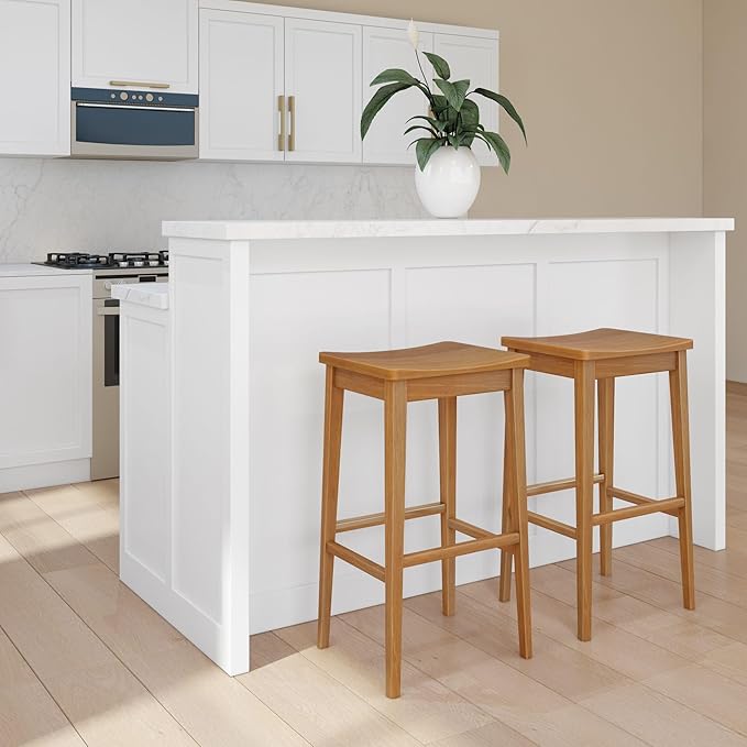 Plank+Beam Smythe Bar Stool, 30", Set of 4, Sturdy Wood Modern Kitchen Bar Height Stool, Saddle Seat Backless Bar Chair, Metal Footrest, Pecan