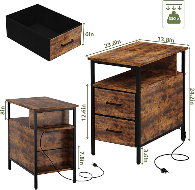End Table with Charging Station, Narrow Side Table with 2 Fabric Drawer & Storage Shelf, USB Ports & Power Outlets, Narrow Nightstand for Bedroom Living Room and Small Spaces, Rustic Brown