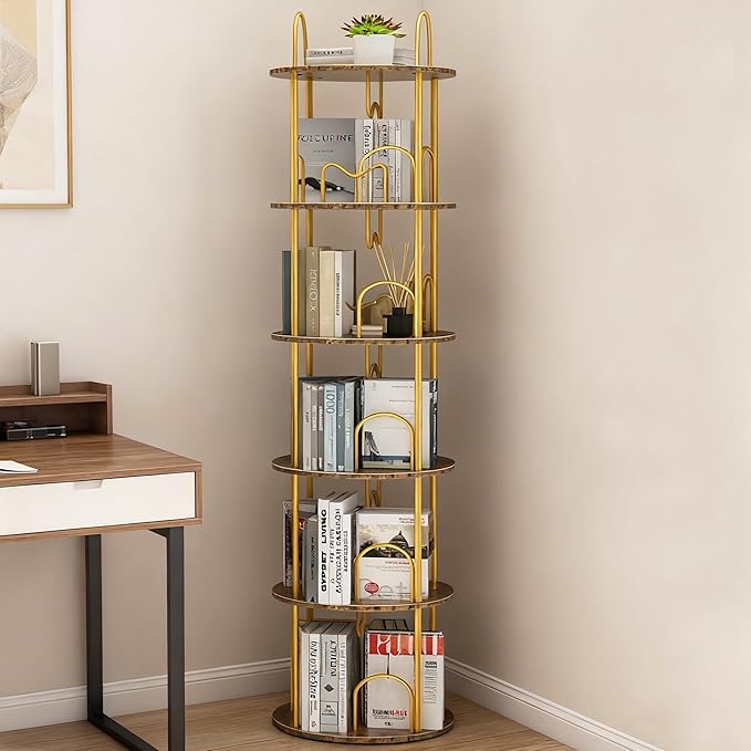 5 Tier Rotating Bookshelf, 360° Spinning Bookshelf Tower, Round Narrow Space Saving for Books and Display, Revolving Bookcase Corner Tall Book Shelf for Small Spaces, Bedroom, Living Room, Gold