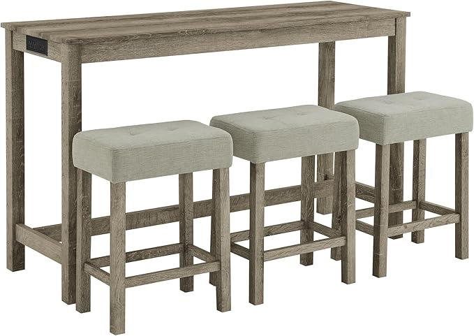 Ball & Cast 4 Piece Kitchen Dining Room Table and Chairs Set, Farmhouse Wooden Counter Height Bar-Sets w/USB Ports & Power Outlet & 3pcs Stools, 59" Sofa-Table Barstool w/Charging Station, Brown