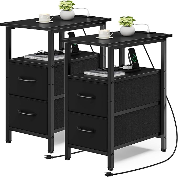 Vagusicc End Table with Charging Station Set of 2, Narrow Side Table, 23.8'' Tall Nightstand with 2 Drawers, Small Sofa Side Table Narrow Nightstand for Small Spaces, Living Room, Bedroom, Black