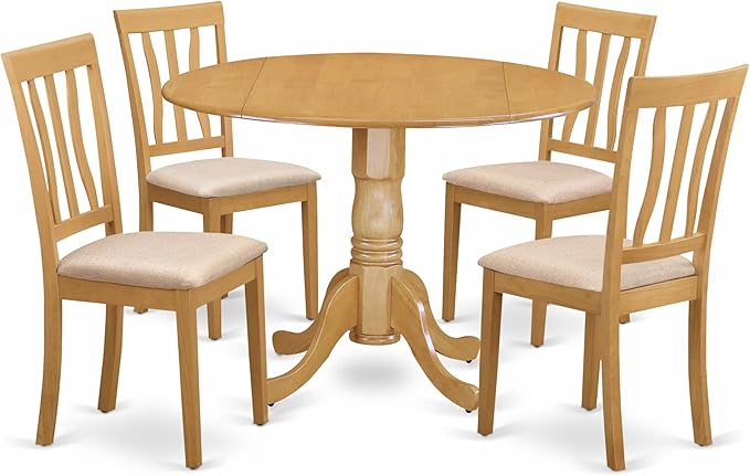East West Furniture DLAN5-OAK-C 5 Piece Kitchen Table Set for 4 Includes a Round Dining Room Table with Dropleaf and 4 Linen Fabric Upholstered Dining Chairs, 42x42 Inch, Oak