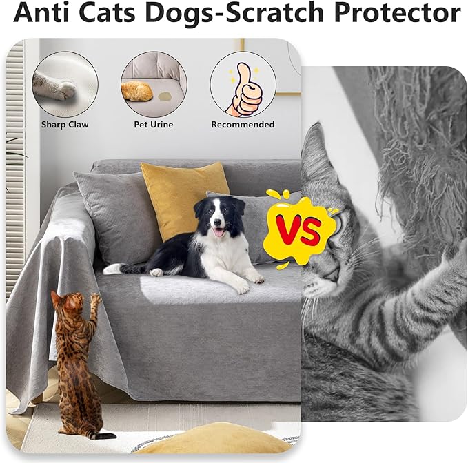 STACYPIK Waterproof Gray Sofa Cover for Pets, Anti-Scratch Cats Couch Cover for 2 Cushion Couch, Anti-Slip Loveseat Covers for Sectional, Washable Sofa Silpcover Pet Furniture Protector-71X118IN