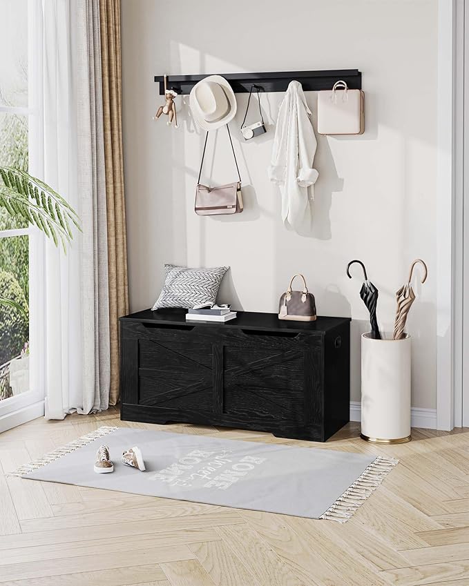39.4" Storage Chest, Extra Large Storage Trunk with 2 Safety Hinges, Wooden Box Bench, Lift-Top Organizer Chest, Shoe Bench for Entryway, Bedroom, Living Room, Black SB03404X
