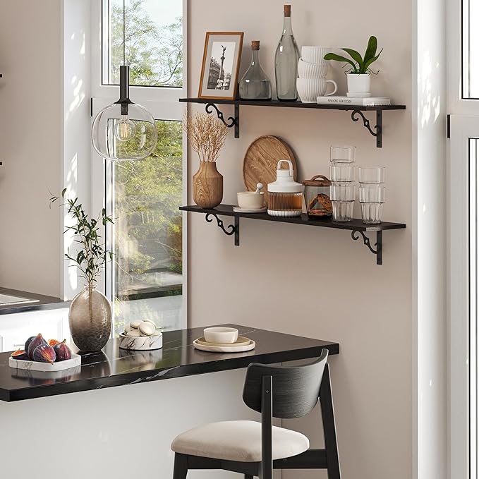 DINZI LVJ Long Wall Shelves, 31.5 Inch Large Floating Shelves Set of 2, Wide Display Shelf Wall Mounted with Brackets, Easy Hanging for Living Room, Toilet, Office, Bedroom, Espresso