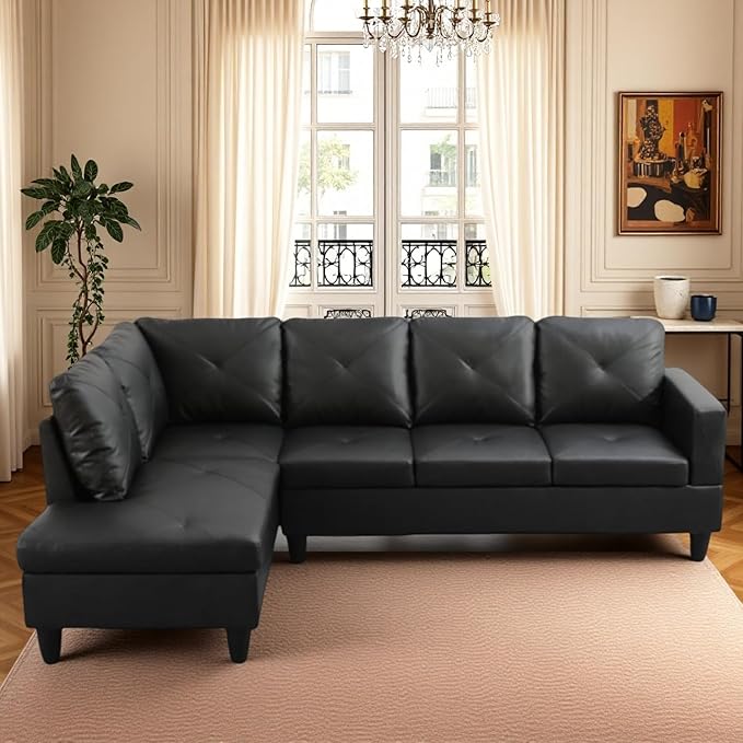 L-Shaped Sectional Sofa, Modern Sectional Couches Home Sofas for Living Room with Movable Chaise, Modular Living Room Sets Furniture for Apartment Bedroom & Office, Black