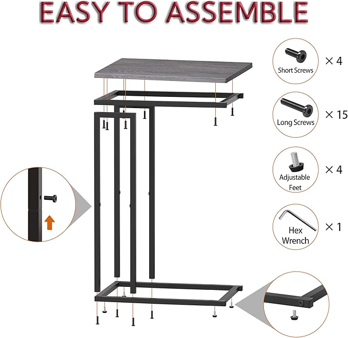 Yusong Small C Shaped End Table, Slim Narrow Couch Side Tables Slide Under Sofa Bed, Skinny Snack Tray Table for Coffee Laptop in Living Room,Easy Assembly,Grey