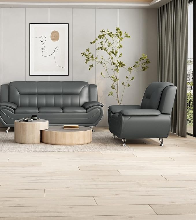 Container Furniture Direct Michael Modern Faux Leather Upholstered Stainless Steel Legs Living Room Sofa, Chair, Gray