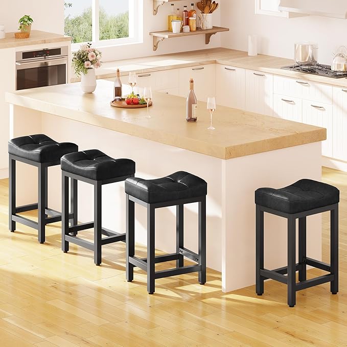 Dripex Backless Saddle Bar Stools Set of 3, Modern Faux Leather 24'' Counter Height Barstools with 4" Thick Seats & Heavy Duty Metal Legs, for Kitchen Island, Bar, Dining Room, Black