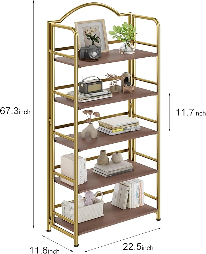 No-Assembly Gold Folding Bookshelf Storage Shelves 5 Tiers Vintage Multifunctional Plant Flower Stand Storage Rack Shelves Bookcase for Home Office