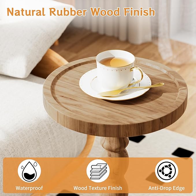Solid Wood Drink Table, Rubber Wood‌ Small Round Side Table for Small Spaces, Martini Tables, Pedestal End Tables for Living Room, Bedroom, Corners, and Office (Brown, 9.4 inch)
