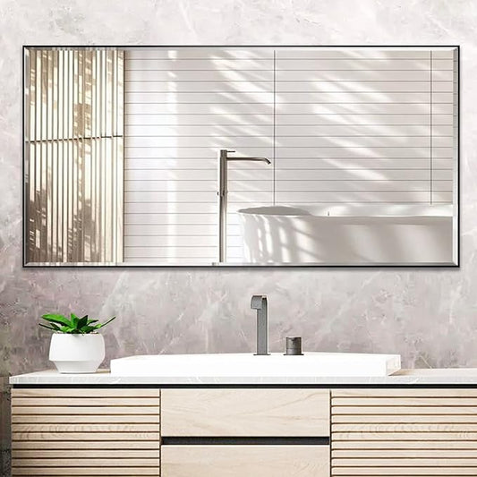 24x40 Inch Black Mirror with Beveled Trim, Aluminum Frame Bathroom Vanity Mirror, Copper-Free Mirror, Rectangle Wall Mounted Mirror, Modern Rectangular Mirror Horizontal or Vertical