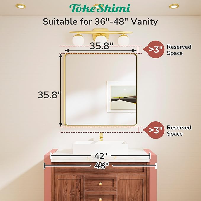 TokeShimi 36x36 Brushed Nickel Bathroom Mirror,Bathroom Vanity Mirror Square,Tempered Glass,Aluminum Framed Bath Mirror Wall(Horizontal/Vertical)