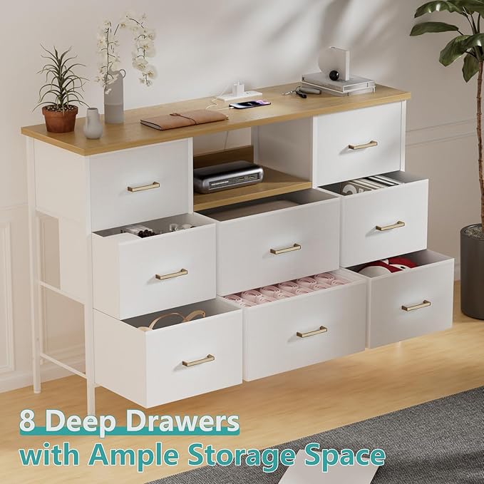 White Dresser with LED Lights and Power Outlets, Dresser TV Stand with 8 Drawers for 55" TV, Fabric Chest of Drawers for Bedroom, Living Room, Entryway