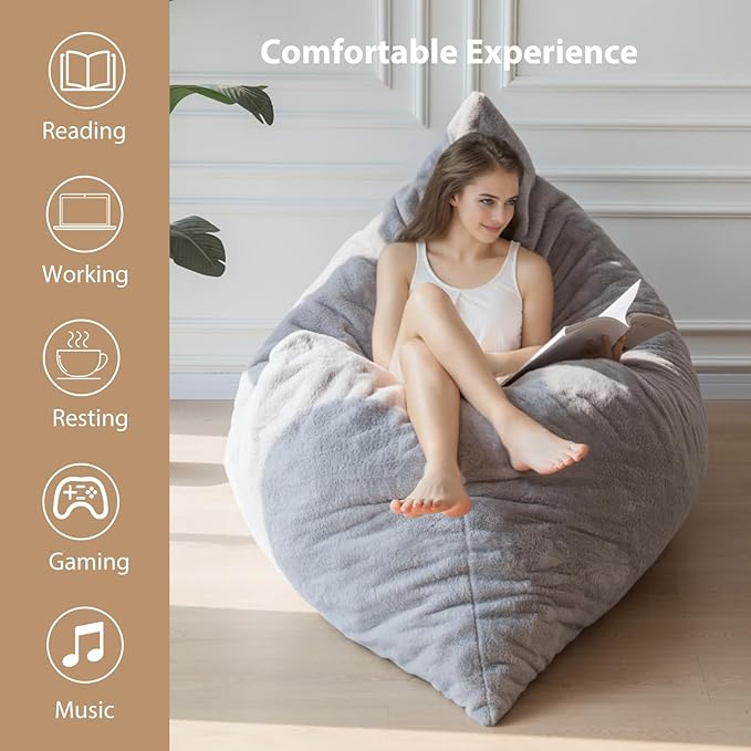 BYBYME 3 in 1 Bean Bag Chair, Convertible Chair Folds from Bean Bag to Lounger, High-Density Foam Filling, Faux Fur Big Sofa Bed, Giant Bean Bag Chair Bed for Adults