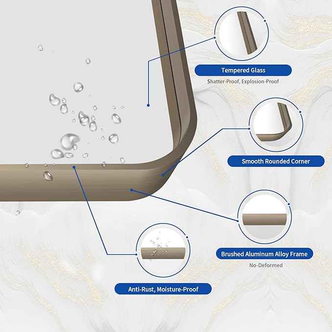 WEER 48x32 Inch Bronze Bathroom Mirror for Vanity, Brushed Bronze Metal Frame Mirror for Wall, Rounded Rectangle Bronze Frame Mirror with Tempered Glass, Anti-Rust (Horizontal/Vertical)