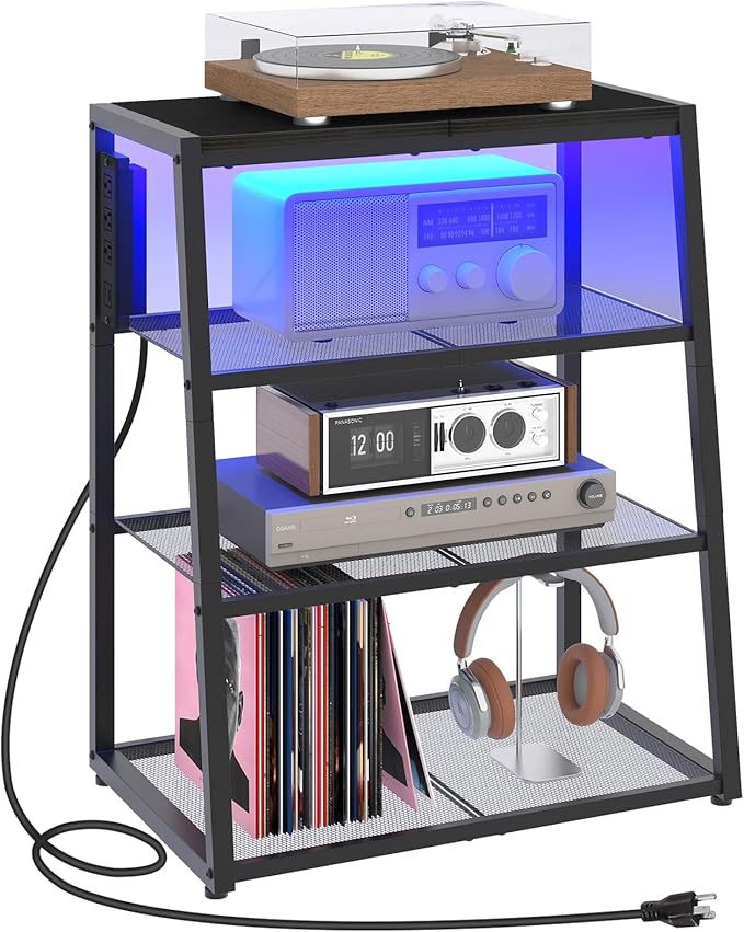 HOOBRO 4-Tier AV Media Stand with Charging Station and LED Light, Wooden Stereo Cabinet, Corner TV Stand, Rack Audio Tower, Corner Entertainment Center, Black BB107UDCJ01