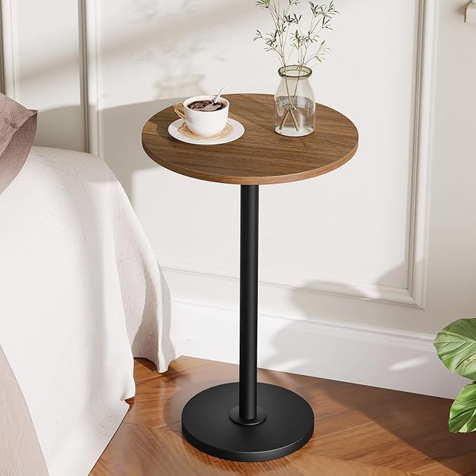 Round Side End Table for Small Spaces, Pedestal Style Martini Drink Side Table in Living Room, Bedroom, Dormitory, Walnut and Black ET30BH