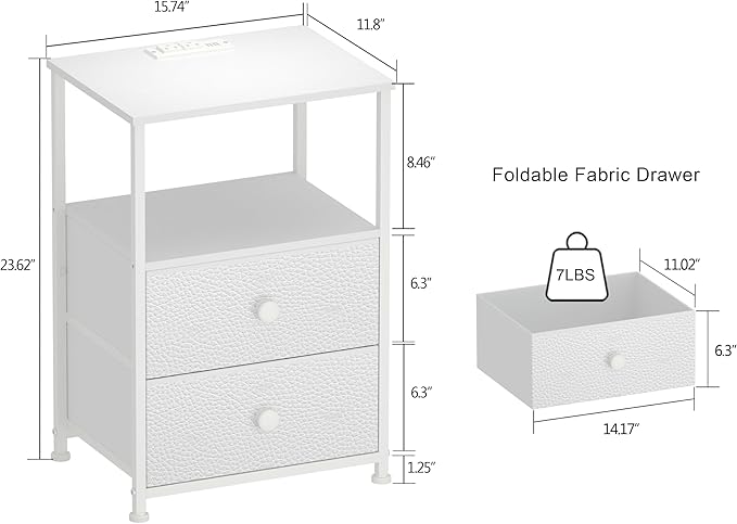 Tohomeor Nightstand with Charging Station LED Light End Table Bedroom Bed Side Dresser with Fabric Drawers Open Storage Shelf Living Room Sofa End Table with USB Ports and Outlet (White, 2 Packs)