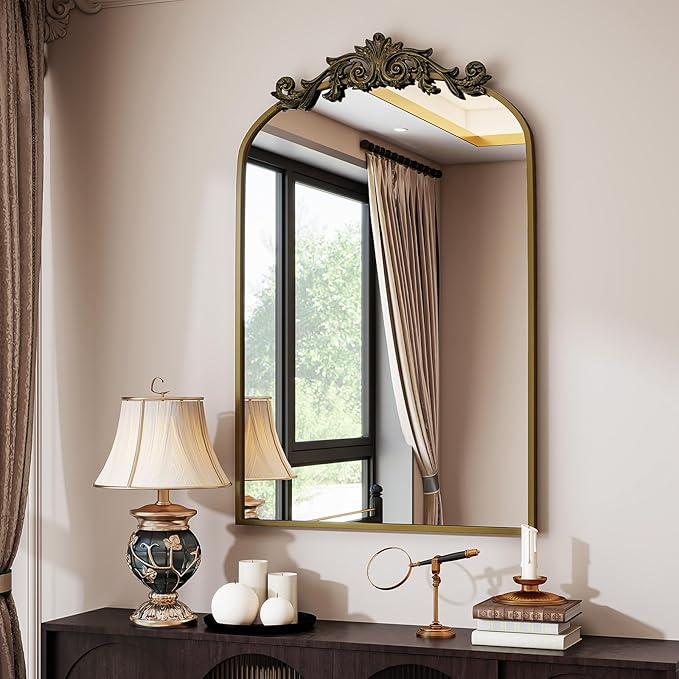 Vintage Arched Bathroom Mirror, 26x38 Inch Retro Wall Mounted Vanity Mirror with Carved Pattern Top and Metal Frame, Antique Decorative Mirror for Hanging or Leaning