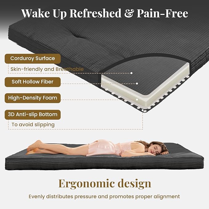 Japanese Floor Mattress, 4" Thicken Futon Mattress Queen Size Sleeping Pad, Corduroy Foldable Mattress Pad Roll Up Tatami Mat Floor Mattress for Adults（Grey）