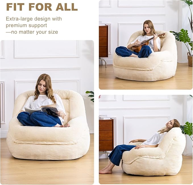 Giant Bean Bag Chair with Armrests - Oversized Cozy Seating for Adults, Corduroy Fabric & High - Density Foam Filling, Ideal Lounge for Living Room, Bedroom & Gaming Room (White)