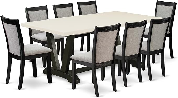 East West Furniture V627MZ650-9 9 Piece Kitchen Table Set Includes a Rectangle Dining Room Table with V-Legs and 8 Dark Gotham Grey Linen Fabric Parsons Chairs, 40x72 Inch, Multi-Color