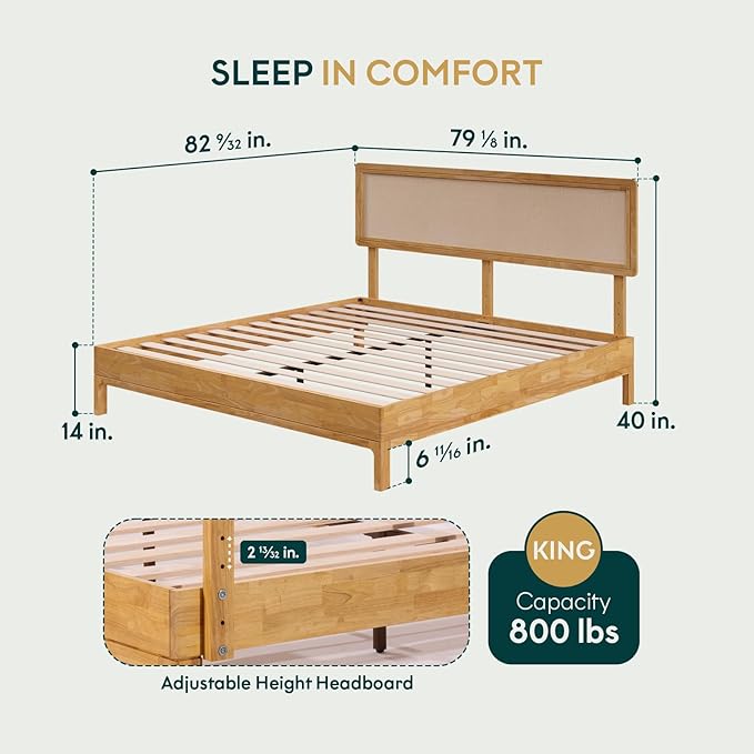 Nipe Platform Bed Frame with Headboard Size King - Light Natural - Solid Rubber