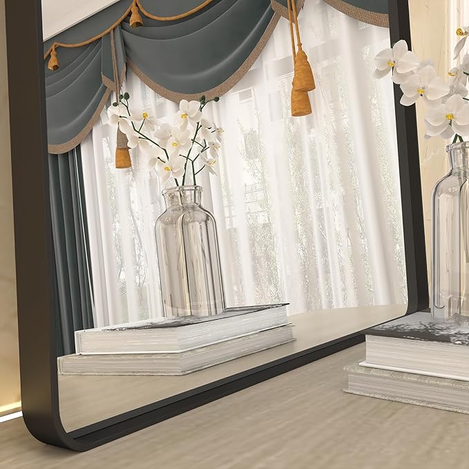 30x36 Black Matte Bathroom Mirror, Rectangle Framed Vanity Mirror for Wall, Rounded Corner, Anti-Rust, Shatterproof (Horizontally/Vertically)