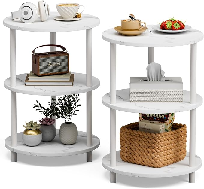 Small Round End Table - 3 Tier Design Accent Table, Narrow Side or Bedside Stand, Industrial Vintage Nightstand for Bedroom, Living Room, or Small Spaces, Set of 2, Marble White