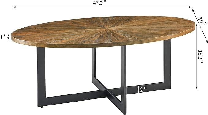 Solid Wood Oval Coffee Table with Cross Metal Legs, 47.9" Industrail Bar Cocktail Table for Living Room Kitchen Office Sofa Table Bristro Table for Cafe/Bar Rustic Brown 1831