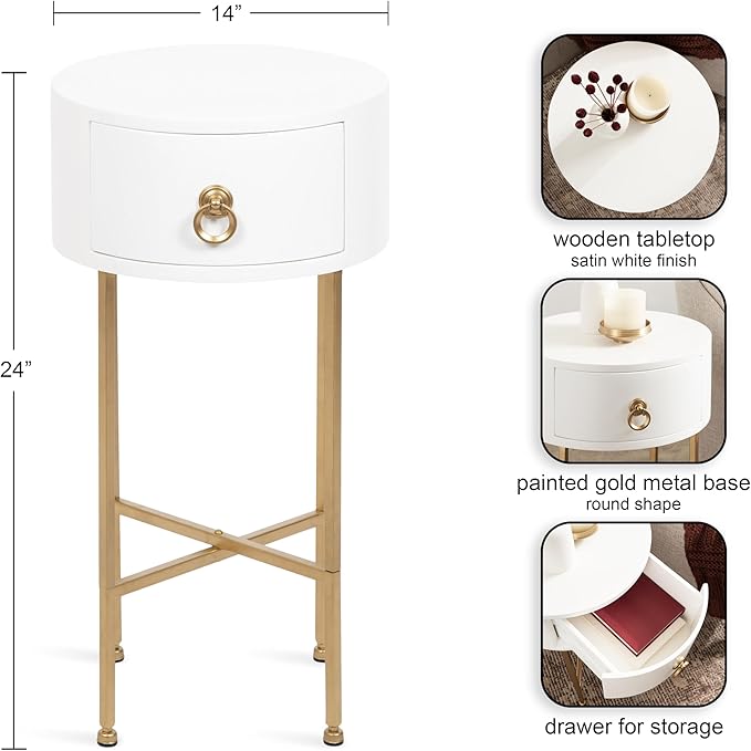 Kate and Laurel Decklyn Decorative Glam Round Side Table, 14 x 14 x 24, White and Gold, Modern Circle Living Room Table with Pull Drawer for Useful Storage