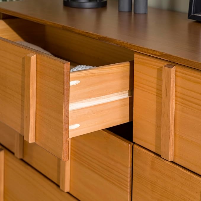 Walker Edison Contemporary Detailed 6-Drawer Solid Wood Dresser, 60 Inch, Caramel