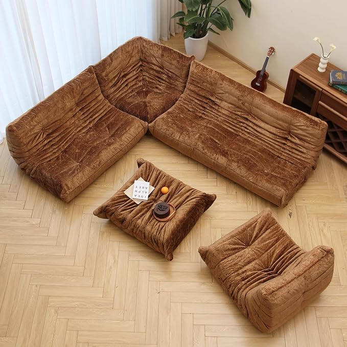 N&V Fireside Chair, Mid Century Armless Floor Sofa, Soft Premium Chenille Floor Lounge Chair, Foam Sofa Accent Chair for Living Room Bedroom and Office (Brown, Ottoman)