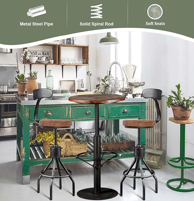 LOKKHAN Set of 2 Industrial Leather Bar Stools-Adjustable Swivel Metal Bar Stool-24-30 Tall Seat Height Counter Height to Bar Height-Kitchen Stool Dining Chair,Cafe Stools with with Backrest
