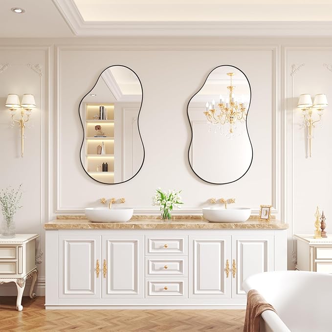 WEER Irregular Wall Mirror, 20x36 inch Black Asymmetrical Mirror Wall Mounted Mirrors Decorative, Abstract Wavy Aluminum Alloy Frame Mirror for Bathroom, Bedroom, Living Room, Entryway