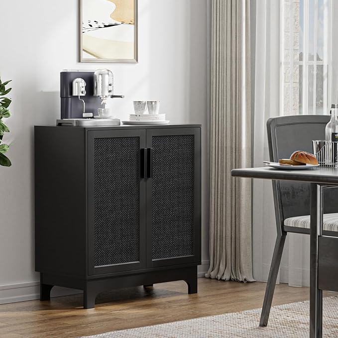Black Rattan Cabinet, Natural Rattan Storage Cabinet with 2 Doors Adjustable Shelf Large Space Entryway Hallway Sideboard Buffet for Living Room Kitchen