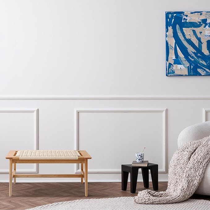33.5" L Wood Dining Bench Indoor, 100% Natural Solid Oak Bed Bench Hand Woven Enterway Bench Small Bench for Dining Room, Bedroom, Kitchen (Creamy White)