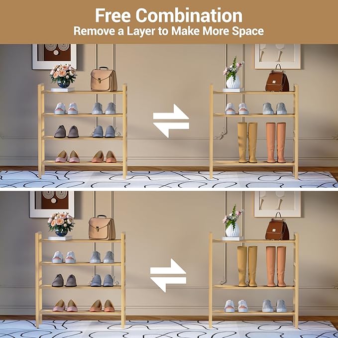 Haddockway Bamboo Shoe Rack for Closet, Free Standing Shoe Organizer with Smooth Round Rods & Convenient Handles, Stackable Shoe Storage Shelf for Entryway, Hallway(Natural, 4-Tier(Small))