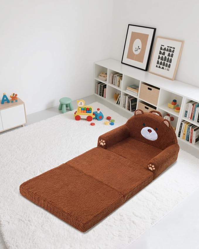 MOONBEEKI 2-in-1 Foldable Toddler Couch, Soft Sherpa Fabric with Washable Cover, Convertible Sofa to Lounger, Kids Sofa for Playroom, Bedroom, Living Room, Birthday Gift, Ages 3-6, Bear, Large